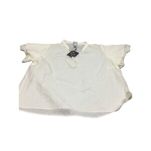 AVA+VIV White Eyelet Lace Trim Tie‎ Neck Blouse Top Plus Size 2X